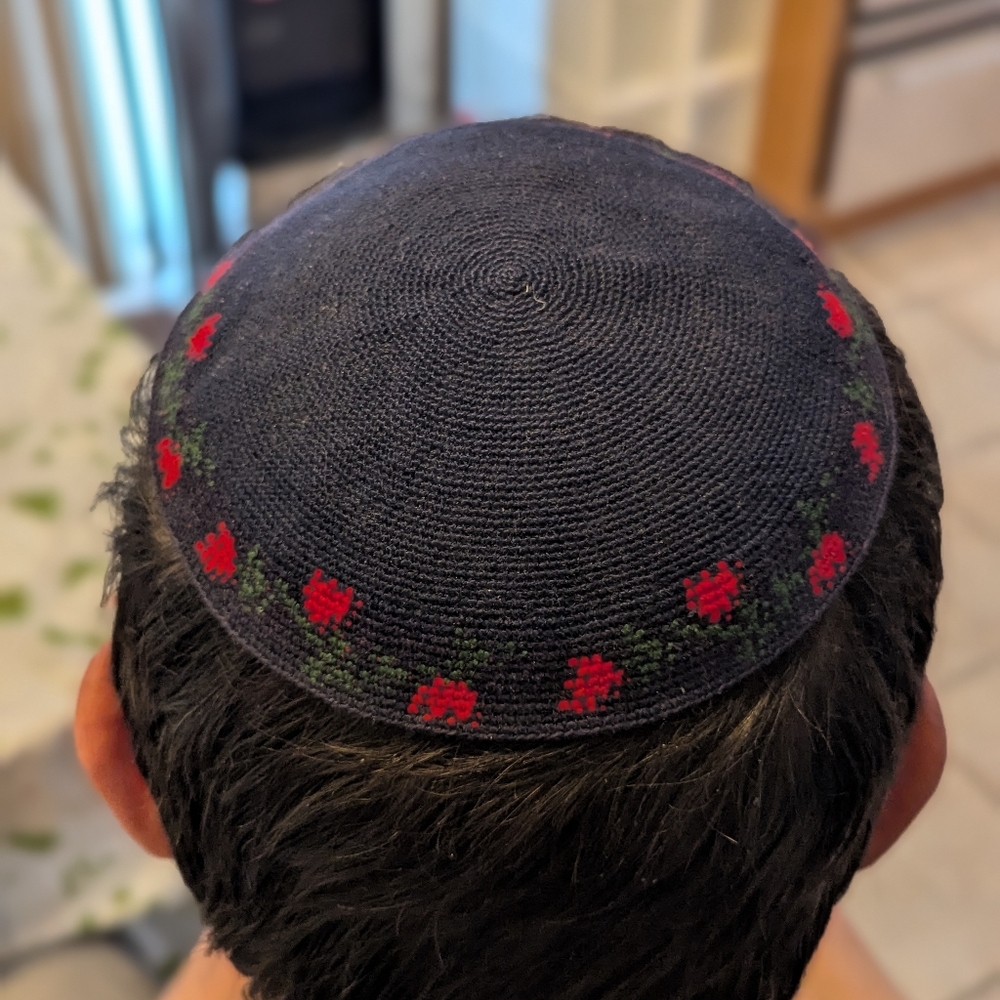 Black Hand Crafted Kippah with Red Tulip Floral Design. Jewish. Made In Israel.
